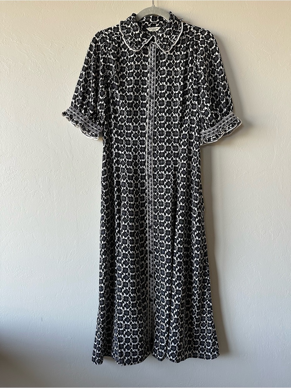 MAX STUDIO Black White Floral Dress Peter Pan Collar Shirtdress Retro Size M